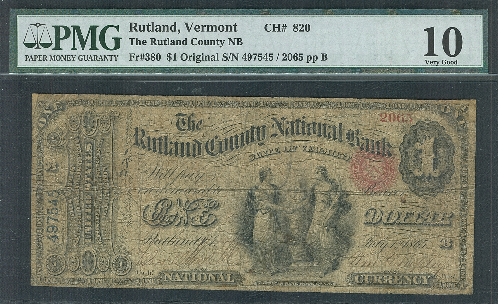 Rutland, VT, Charter #820, 1865 $1 Original, 2065, VG+